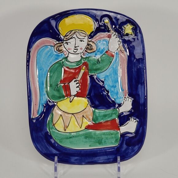 Holiday Christmas Pottery Oval Trivet Made in Italy Little Drummer Boy Angel - Picture 1 of 3